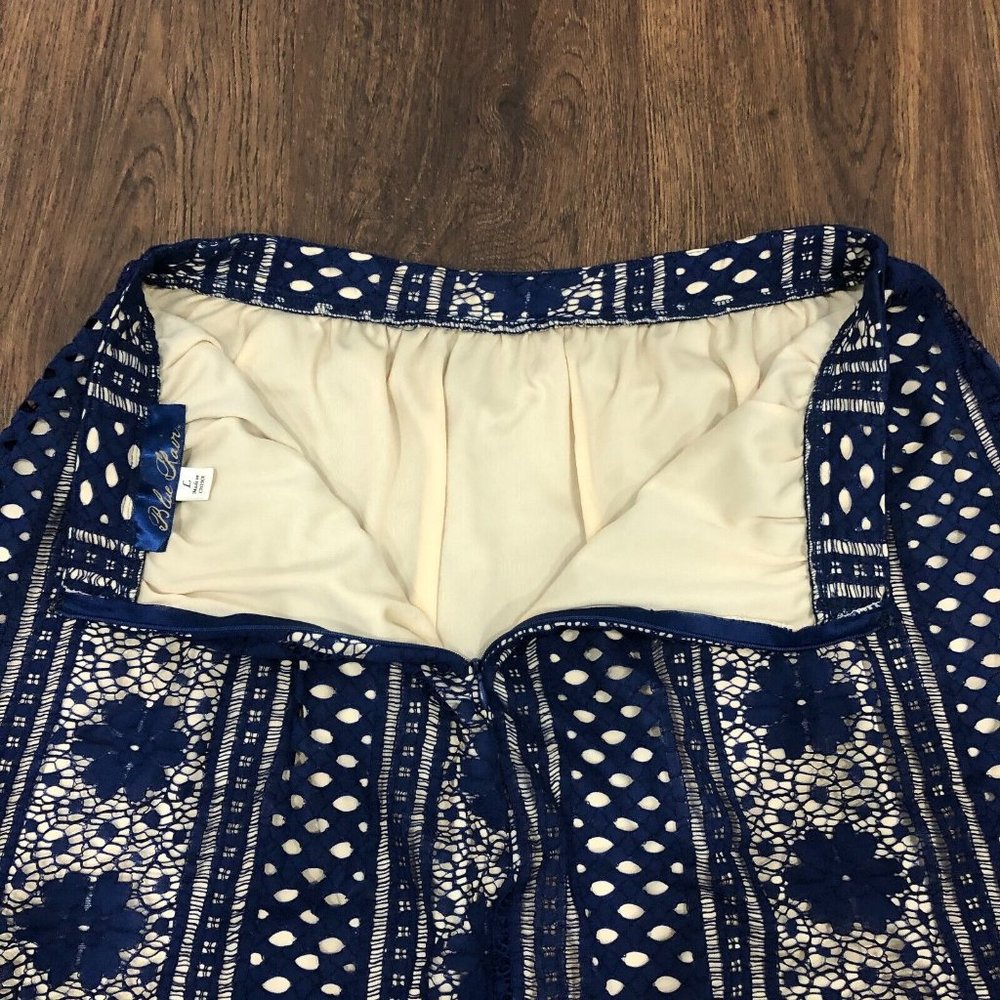 Blue Rain Rair Sz L Blue Floral Lace Outer Design Back Zip Knee Length Skirt - Picture 9 of 9
